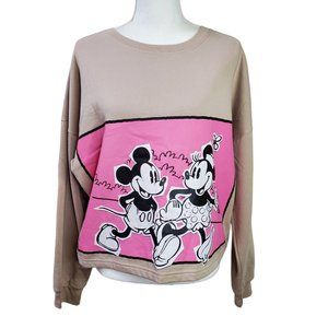 Disney Womens Sweatshirt Size XXL Beige Pink Mickie Minnie Long Sleeved Cropped